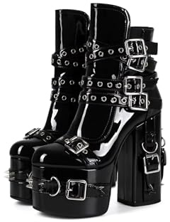 Frankie Hsu Handmade Goth Chunky Platform Ankle High Heeled Bootie, Black Patent Buckle Strap Punk Gothic Y2K Hot Cool Girl Shoes For Women Men