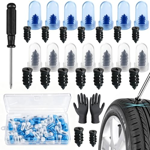 Sheryl&Rain 100Pcs Tyre Repair Screws, with Screwdriver, Gloves(50S+50L) | Car Tyre Puncture Repair Kit Rubber Nails, Fast Self-Service Emergency Tubeless Tire Plugs Kits for Auto Motorcycle
