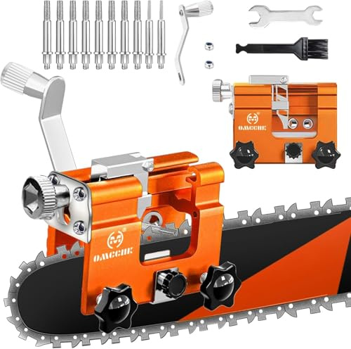 OMCCHK Chainsaw Sharpener Jig, Chain Saw Sharpener Tool with 10 PCS Steel-Grade Sharpening Burrs, Universal Portable Hand Crank Chainsaw Sharpening Kit for 4-22 Chain Saw