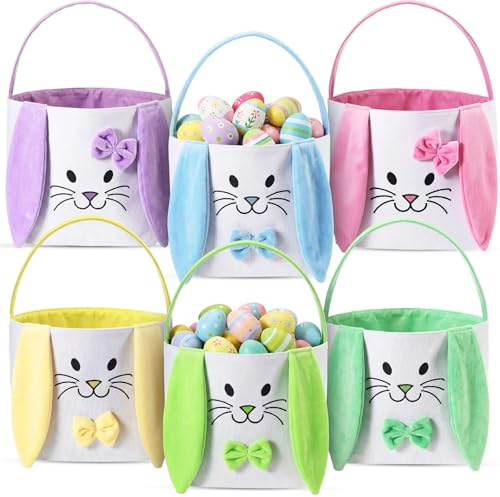 Weewooday 6 Pcs Easter Bunny Basket Bags Canvas Rabbit Bucket Tote for Easter Egg Hunts Candy Gifts Storage(Rabbit Ears Style,Colorful 3)