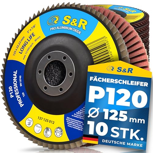 S&R Fächerschleifscheiben 125, Schruppscheiben 125-Metall, Schleifscheiben 125mm, Fächerscheiben 125 mm, Fächerscheiben 125-Holz, Lamellenscheibe | P120 | zum Entrosten und abtragen von Farbe & Lack
