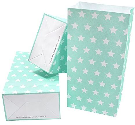 Frau WunderVoll® 60 PAPIERTÜTEN MIT Boden TÜRKIS, Sterne 12x7x24cm / Blockbodenbeutel, Tüte, Papierbeutel, Papiertüte, Geschenktüte, Geschenkbeutel, Gastgeschenk, Hochzeit, Mitgebseltüte, Falttasche