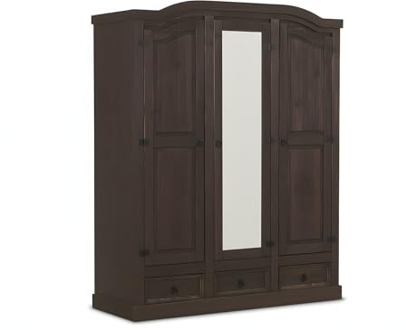 Hacienda-Look – 3-türiger Kiefer Kleiderschrank New Mexico kolonial – H193xT 57cm – 3 Schublade(n) – massive Kiefer – Farbe Dunkelbraun – Hacienda-Stil – wärmender Massivholz-Look fürs Zuhause