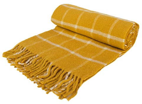 Windowpane Check - Pure New Wool - Knee Rug Throw Small Blanket - Mustard Yellow - British Made by Tweedmill Textiles