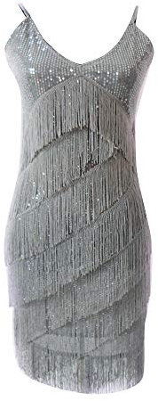Runyue Damen Tanzkleid Latin Kleid Paillette Quasten Kleid Tanzkleidung Kostüme Silber Eine Größe