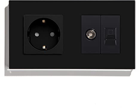 BSEED Kristall Glas Platte 16A EU-Steckdose mit TV- und PC-Anschlüssen 100-220V AC-Steckdosen Schwarz