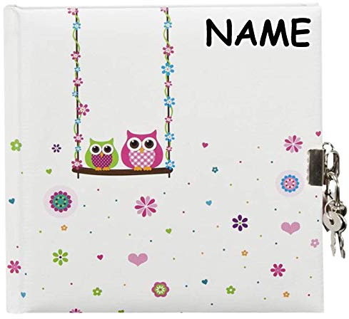 personalisiert mit Name - 44043 - Tagebuch, Eule, 96 weiße Seiten, 16,5 x 16,5 cm, Schloss mit 2 Schlüsseln, Laminierter Kunstdruck, farblich Sortiert