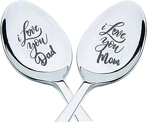 Löffel mit Gravur „I love you mom/dad“ (in englischer Sprache), Geschenk für Danksagung, Geburtstag, Jahrestag von Tochter Sohn, personalisiertes Muttertagsgeschenk