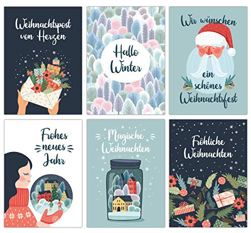 Papierdrachen Weihnachtskarten - 12 liebevoll gestaltete Postkarten zu Weihnachten - Kunstdruck zum Verschicken, Pakete dekorieren - Grußkarte Weihachten - Schneekugeln Karten Set 17