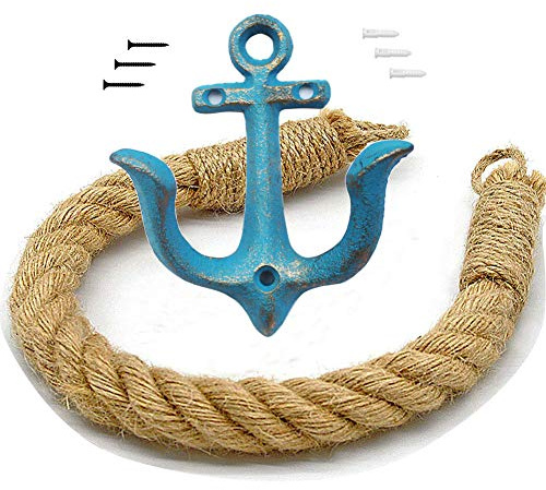 Nautical Rope Toilet Paper Holder Antique Bathroom Towel Holder Tie-back Curtain Rack Wall Mounted Metal Anchor Hook Design for Beach Themed Bathroom Decor