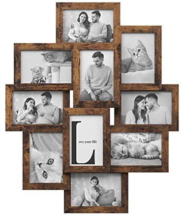 SONGMICS Bilderrahmen-Collage, 10 Fotorahmen für 10 x 15 cm Bilder, Fotocollage, Wandcollage, Multi-Rahmen, Wanddeko, weihnachten, vintagebraun RPF020X01