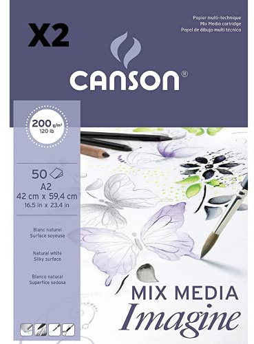 Packung mit 2 verleimten Notizblöcken, A2, 100 Blatt, Canson Mix Media Imagine, feine Körnung 200 g