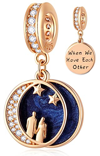 Rose Gold Couple on Crescent Moon Dangle CZ Charms, fit Pandora Wedding Anniversary Bracelet, 925 Sterling Silver I Love You to The Moon and Back Beads, Gift for Valentines/Lover