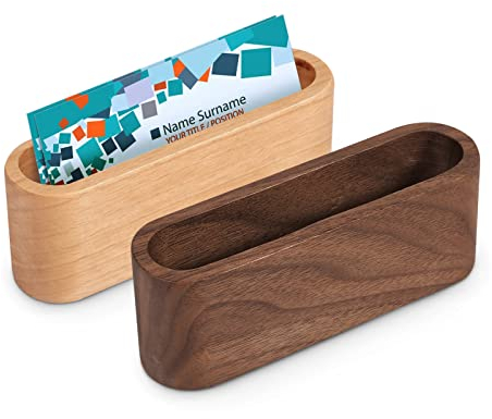 2 Stück Visitenkartenhalter Holz, Visitenkartenständer Display Ständer Desktop Visitenkarte Organizer Bürozubehör (Braun+Holzfarbe)
