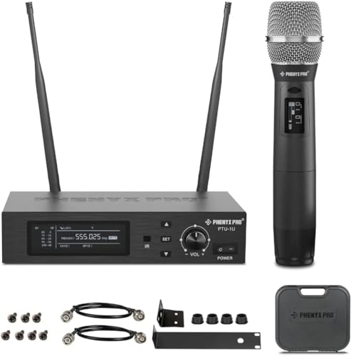 Phenyx Pro True Diversity Wireless Mikrofon System mit 1000 einstellbaren Kanälen, UHF professionelles Mikrofon Set mit Auto-Scan, dynamisches Mikrofon zum Singen, auf der Bühne und im Studio (PTU-1U)