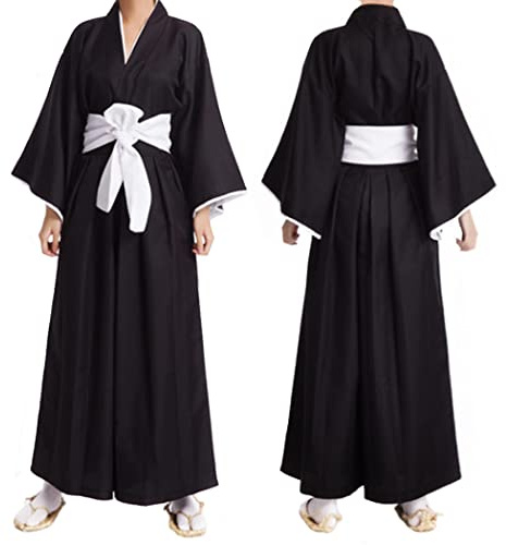 MEADOO Adult Anime Black Robe Cloak Cosplay costumes Japanese Traditional Samurai Uniform Kimono outfit Halloween outfits (L, Black)