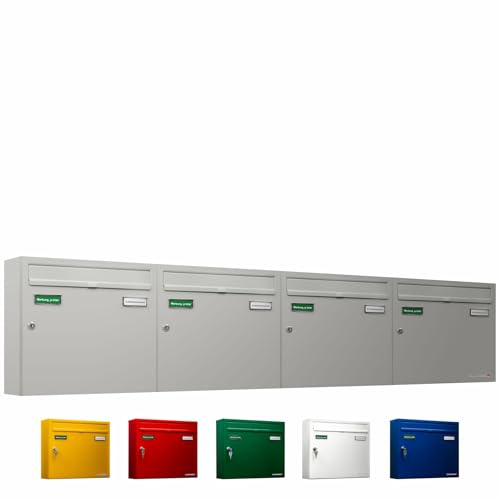 AL Briefkastensysteme Basic 4er Briefkasten RAL 9006 Weiß Aluminium Silber Edelstahl-farbig 4 Fach DIN A4 wetterfest Briefkastenanlage mit Posthaltebügel und 2 Namensschildern