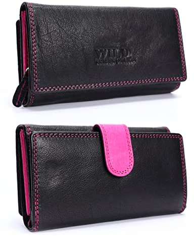 irisaa Damen Leder Wild Geldbörse, Portemonnaie Lang Geldbeutel,RFID Schutz 21 Kartenfächer, Brieftasche Groß, Vintage Design Used Look, Damen Tasche:weich SchwarzMagenta