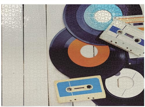 ABAKUHAUS Indie Jigsaw Puzzle, Gramophone Records and Old Audio Cassettes on Wooden Table Nostalgia Music, Heirloom-Quality Fun Activity for Family Durable Cardboard, 1000 pcs, Blue Orange Black
