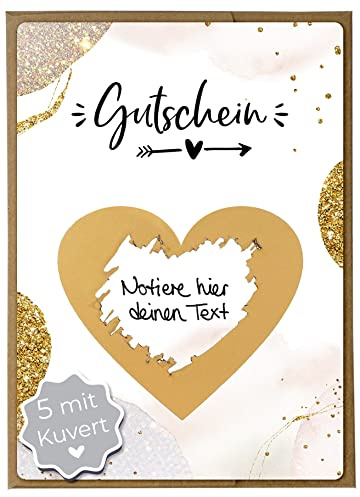 Joli Coon Luxus 5 Gutscheine zum Selber Ausfüllen mit Kuvert | 350g Designerpapier, fühlbare UV-Lack-Veredelung, Natur-Steckkuvert mit Herz, für Gutscheine und gemeinsame Erlebnisse