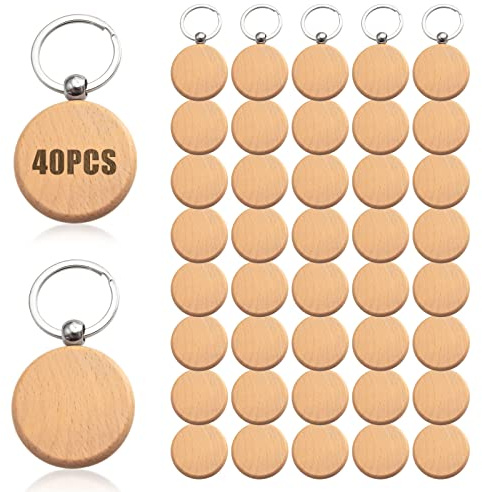 40 Pièces Porte-Clés en Bois,Bricolage Vierge Porte Clés Bois,Étiquettes en Bois,Porte-clés Ronds en Boi Vierge pour Femmes Hommes DIY Cadeau