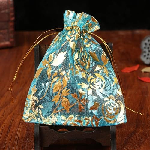 100 Stück Organzasäckchen,9x12cm Geschenkbeutel Organzabeutel Bonbonsbeutel Schmuckbeutel mit Rose Blume Geschenkverpackung Organza für Hochzeit Baby Shower Weihnachten Geburtstagsfeier -Blau