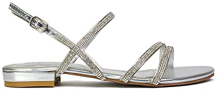 Womens Strappy Sandals Ladies Low Flat Heel Sparkly Diamante Straps Summer Holiday Dressy Silver Shoes Size 5