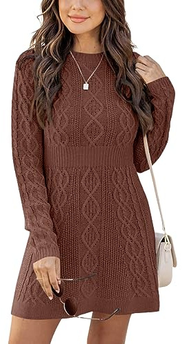 Ebifin Sweater Dresses for Women Elegant Jumper Dresses Knitted Round Neck A-Line Mini Dress Winter Pullover Dresses.Brown.XL