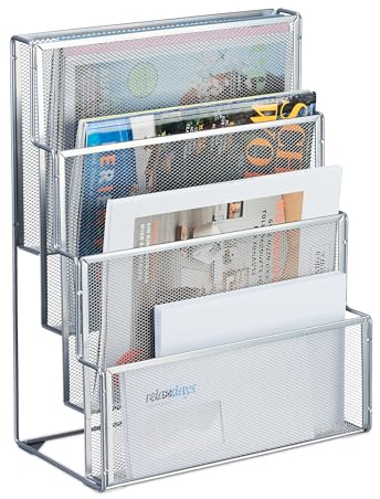 Relaxdays Zeitschriftenhalter Metall, 4 Fächer, Dokumentenablage Büro, HBT: 43x33x18 cm, Magazinhalter, Briefe, Silber