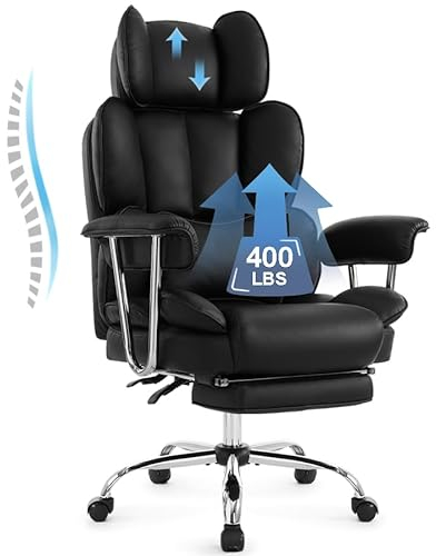 IWMH Bürostuhl mit Fußstütze, PU Leder Chefsessel, Bürostuhl Ergonomisch mit Armlehnen und Kopfstütze, höhenverstellbar Drehstuhl, Computerstuhl mit Rückenlehne (Schwarz)