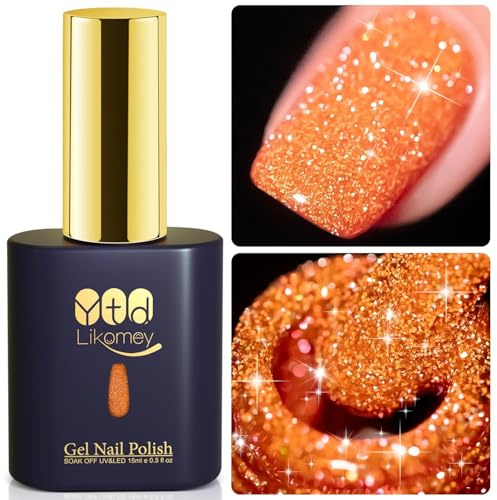 YTD Likomey UV Nagellack Glitzer,15ml Orange Gel Nagellack Glitter,Sparkle Funkelnd Shellac Farbgel Nagellac,Reflective Holographisch Diamant Maniküre Gel Nail Polish