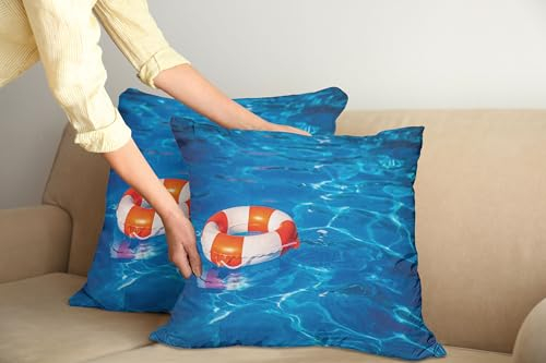 ABAKUHAUS Boje Kissenbezug 2er-Pack, Rettungsring im kristallklaren Swimmingpool Sommer Ferien Sport Thema, Kissenhülle mit Reißverschluss Beidseitiger Druck, 50 x 50 cm, Blau Orange Weiß