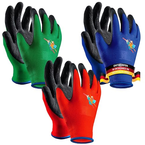 schutzmeister® Kinder-arbeitshandschuhe – hochwertige Kinder–Gartenhandschuhe – Superheldenmotiv – 3 Größen S/M/L – von 2 bis 12 Jahren – 3er-Set in 3 Farben – für Junden und Mädchen (L (8-12 JAHRE))