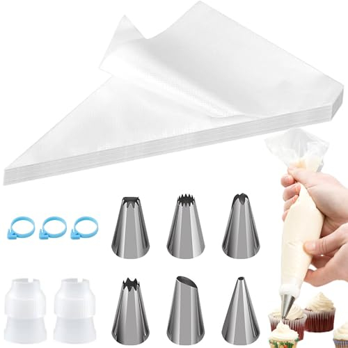 soodyoow 100 Piezas Mangas Pasteleras Desechables, Manga Pastelera Profesional con 6 Boquillas y 2 Convertidor, 3 Gomas Superiores de Manga Pastelera, para Decoración de Cupcakes, Pastelería, Tartas