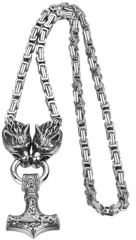 OIDEA Herren Wolfskopf Halskette Königskette: Silber Schwer Punk Wikinger Thors Hammer Anhänger mit 70 cm Kette Wolf Kopf Viking Schmuck Geschenk für Männer Freund Jungen