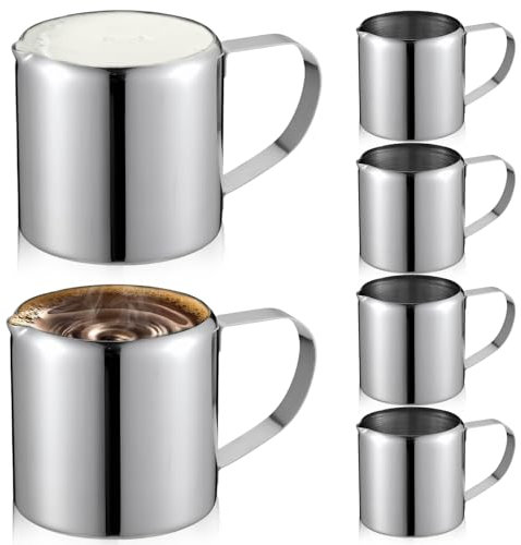 6 Stück Milchkännchen Edelstahl, 90ml Kleine Milchkanne, 3oz Espresso Kännchen, Milchschaumkännchen, Aufschäumkännchen zum Milchaufschäumen, Milch Pitcher für Cappuccino Latte Art