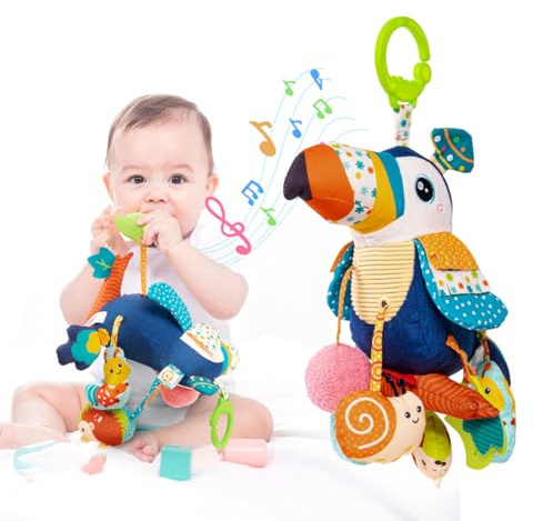 Jollybaby Musical Activity Pull String Hanging Toy for Baby Stroller Car Seat Crib Play Gym, Plush Stuffed Toucan Toy for Carseat with Music Teether Rattles, Sensory Toy for Baby Gift