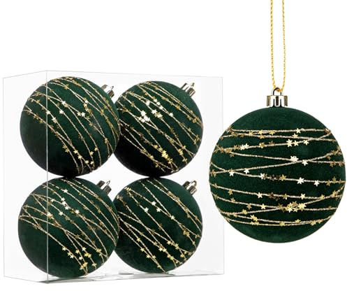 Hollyone 10cm Große Weihnachtskugeln aus Samt Dunkelgrün, 4PCS Flockige Christbaumkugeln mit Glitzer, Bruchsicherer Hängende Ornamente für Weihnachtsbaum Feiertage Party Weihnachtsdeko