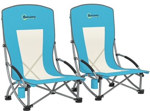 Outsunny Set of 2 Folding Beach Chair, Low Camping Chair with Mesh Back, Carry Bag and Cup Holder for Garden Outdoor Picnic Festival Travel, Blue
