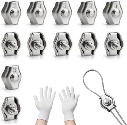 12 abrazaderas de cable de alambre M3,tensor cuerda tendedero 304, abrazaderas de cable para cable de acero de 3 mm con guante, tensor de tensor de tensión, toldo, edificio de jardín