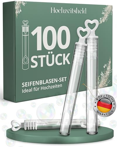 HOCHZEITSHELD Seifenblasen Hochzeit 100 Stück für Hochzeitsdeko & Empfang | Fleckenfreie mini Seifenblasen mit weißem Herzgriff als Standesamt Deko & Spalier, als Gastgeschenke für unvergessliche Fotos