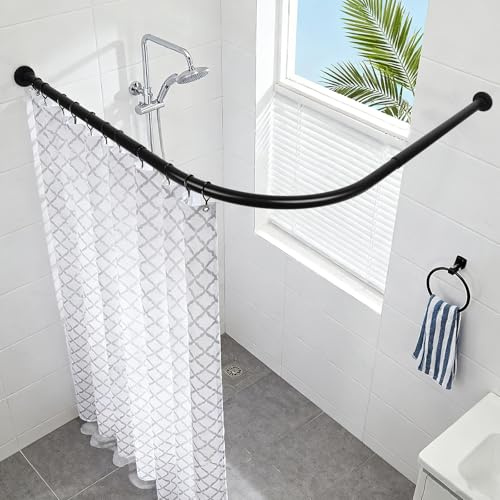 Shower Curtain Rail for Bathtubs, L-Shaped Shower Curtain Pole in three varations 68x98cm / 68x98 cm, Wall Mounted Shower Pole, Curved Shower Rail, Black Powder Coated Steel-BLACK