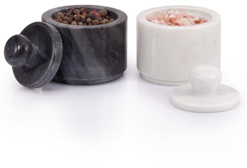 EHC Marble Salt and Pepper Pots Set, White Salt and Black Pepper Shakers, Durable Natural Stone, Elegant Tabletop Seasoning Set for Cooking, Dining & Kitchen Décor