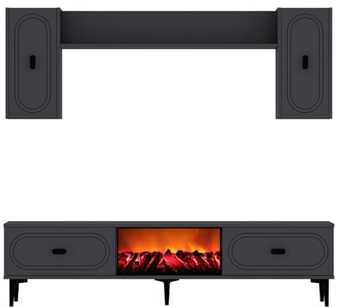 CONCEPT USINE Ensemble Meuble TV VIBRA Cheminée LED et Module Mural 150 cm | Banc et étagères murales, 5 espaces de rangement, pose au sol ou suspendue