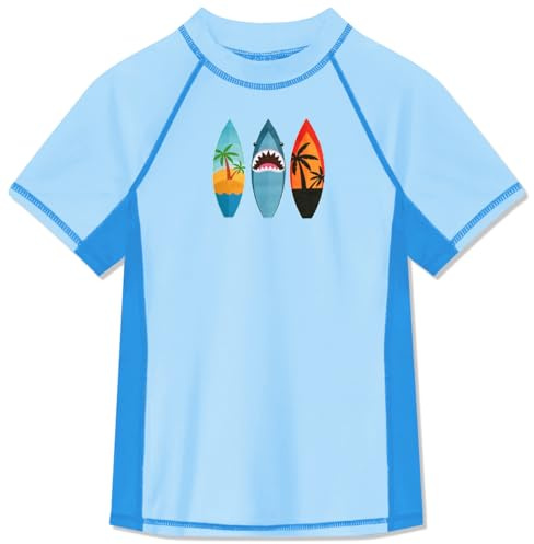 BesserBay Sun Protective Boys Rash Vest Short Sleeves Rash Guard Quick Dry Beach Fishing Kids Swim Top Blue Surfboard 7-8 Years