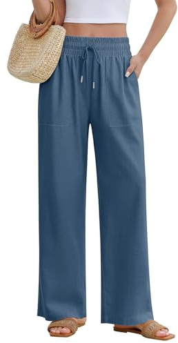 PASUDA Pantaloni Donna Estivi Lino Pantaloni Leggeri Larghi Elastico Vita Alta Lunghi Gamba Dritta Eleganti Pantaloni Palazzo da Spiaggia Jogging Solido Sciolto Casual Comodi con Tasche (Blu, M)