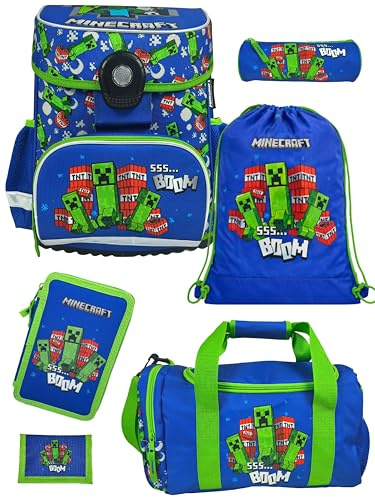 Familando - Schulranzen Set 6-teilig mit Federmappe - Minecraft - Ergonomisch, stabil & mit gepolstertem Rücken - 1250g leicht - 18L Volumen - Mit Reflektoren - Für Grundschule ab 1. Klasse