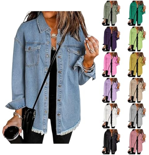 YGERGWE Denim Jackets Women Oversized Lightweight Jean Jacket Casual Button-Down Shacket, Ladies Long Sleeve Jean Shirt Top for Spring Autumn