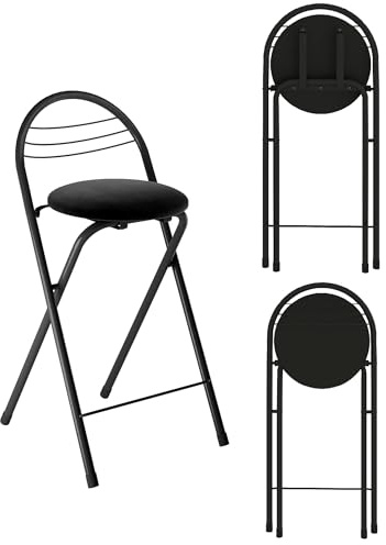 Xinyvee Sgabello Cucina Pleghevole con Schienale, Set da 1 Sgabellino in Velluto Senza Montaggio 60cm Altezza, Sedia Pieghevole per Bancone, Nero