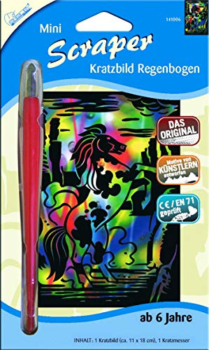 Mammut 141006 - Kratzbild Motiv Pferd, regenbogenfarbend, mini, Komplettset mit Kratzmesser und Übungsblatt, Scraper, Scratch, Kritzel, Kratzset für Kinder ab 6 Jahre